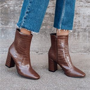 My Generation Brown Crocodile High Heel Mid-Calf Boots
